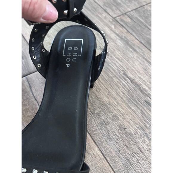 Shu Shop Women's Black Studded Ankle Strap Low Block Heel Sandals Size 6 - Picture 3 of 5